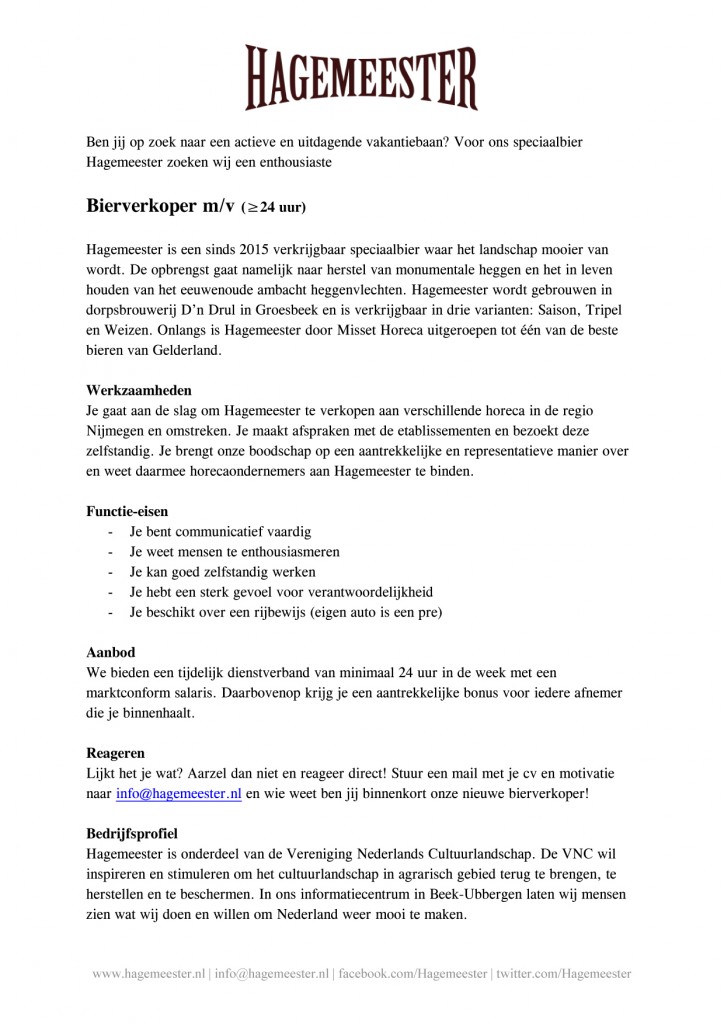 Vacature bierverkoper Hagemeester